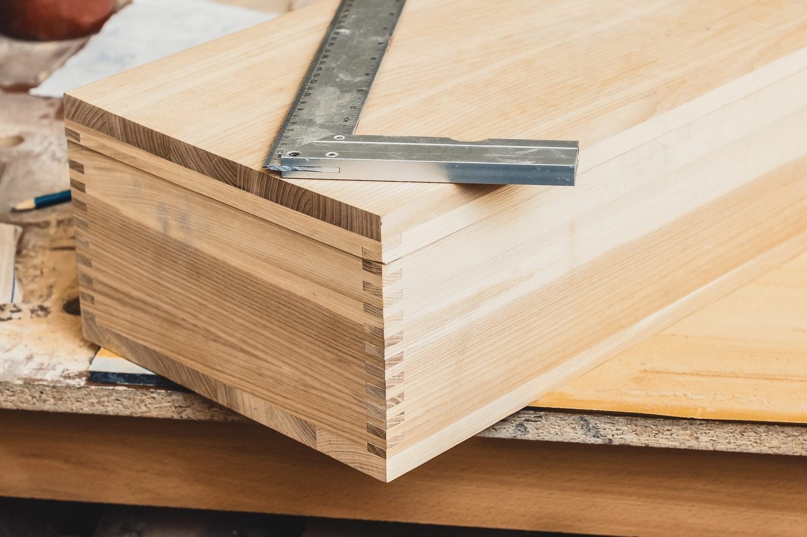A wooden box is resting on a work surface, with a metal square placed on top, indicating precise measurement in a workshop environment.