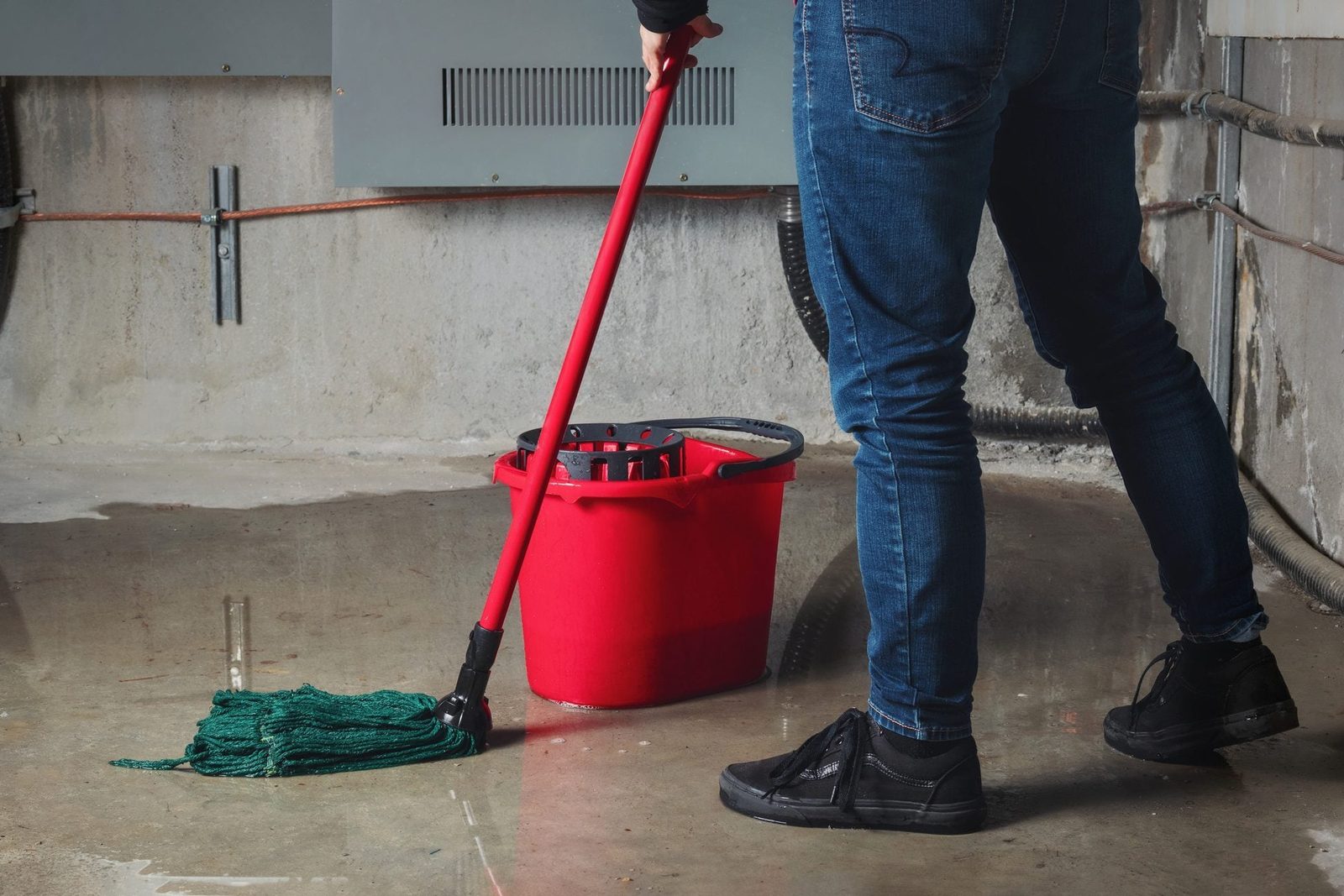 A person mops a wet concrete floor with a green mop, using a red bucket for water, in a utilitarian indoor space.