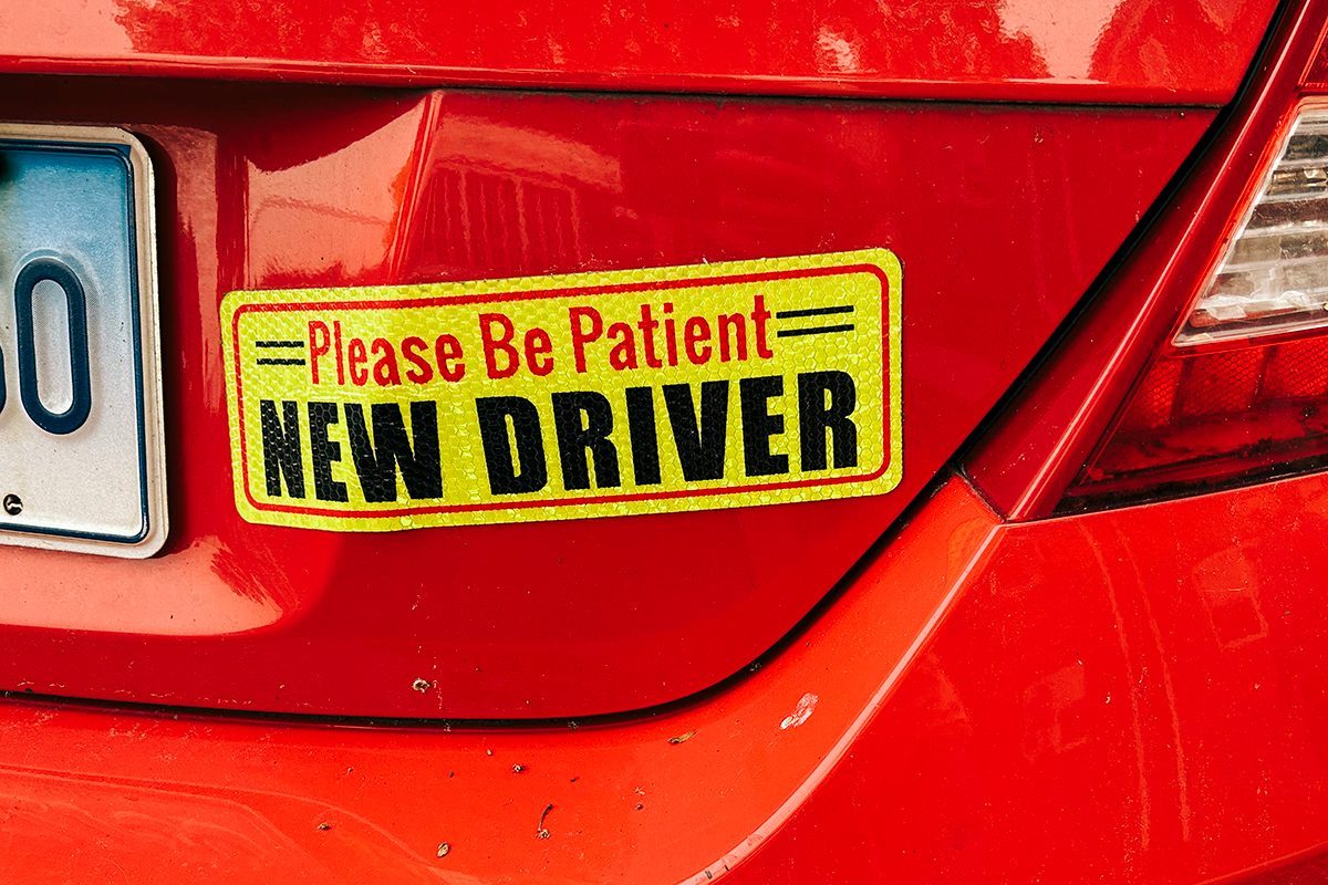 Please Be Patient, New Driver Bumper Sticker On Car, Queens, New York