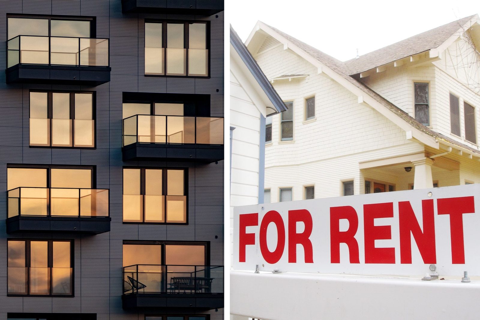 Two buildings are shown: a modern apartment with balconies reflecting sunset and a white house displaying a prominent "FOR RENT" sign in the