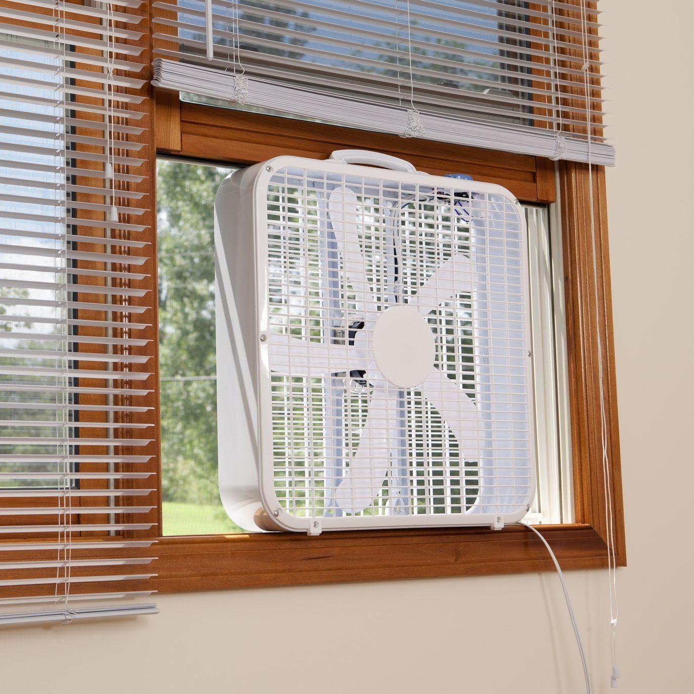 A box fan is positioned in a window, drawing air from outside, surrounded by wooden frames and blinds, with green foliage visible beyond the