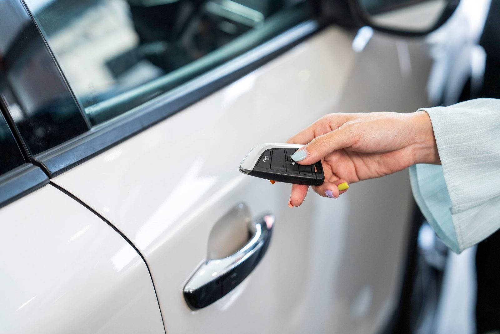 Hand presses unlock on the car remote control