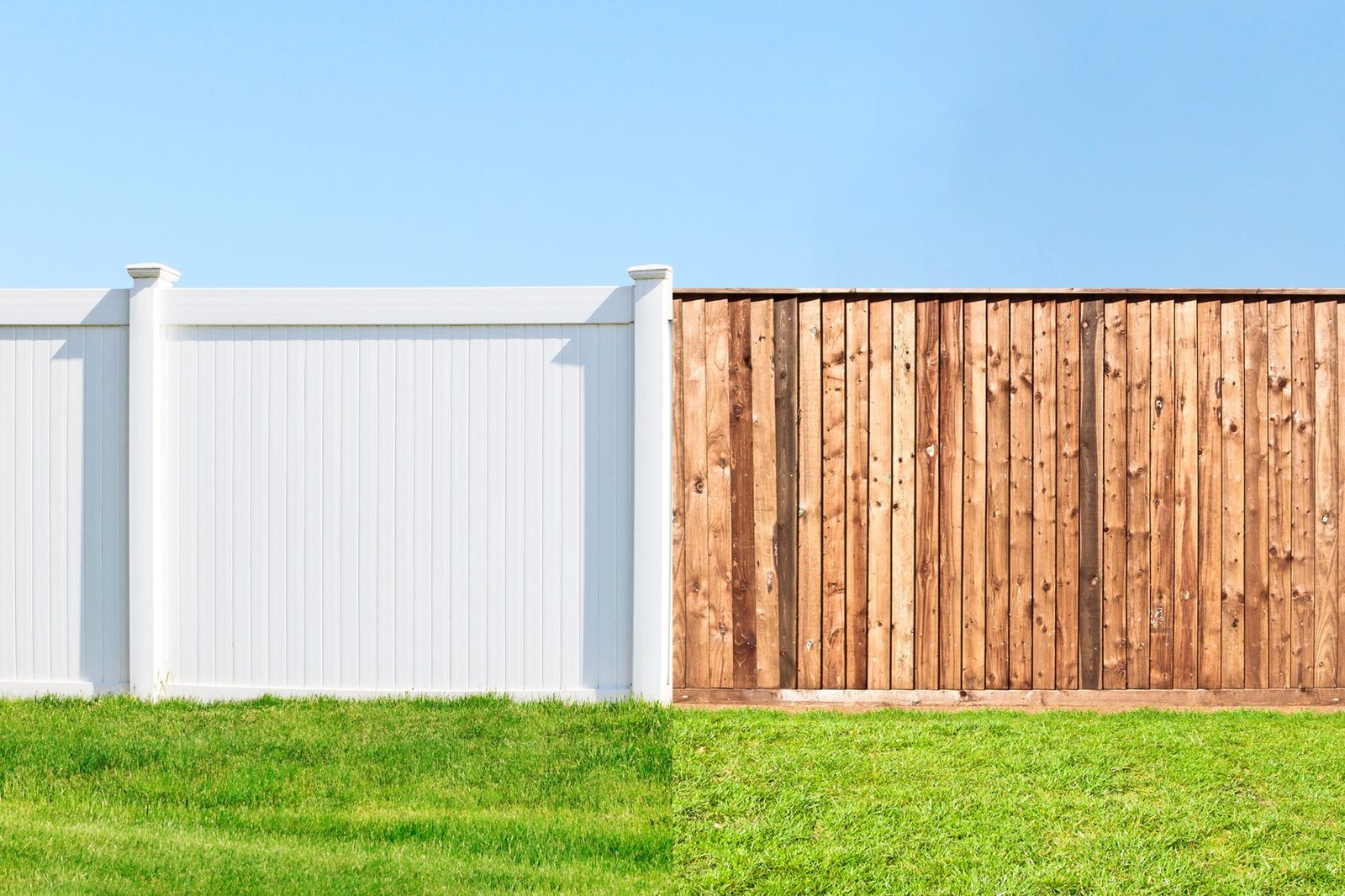 A white vinyl fence and a wooden fence stand side by side, both bordered by green grass under a clear blue sky.