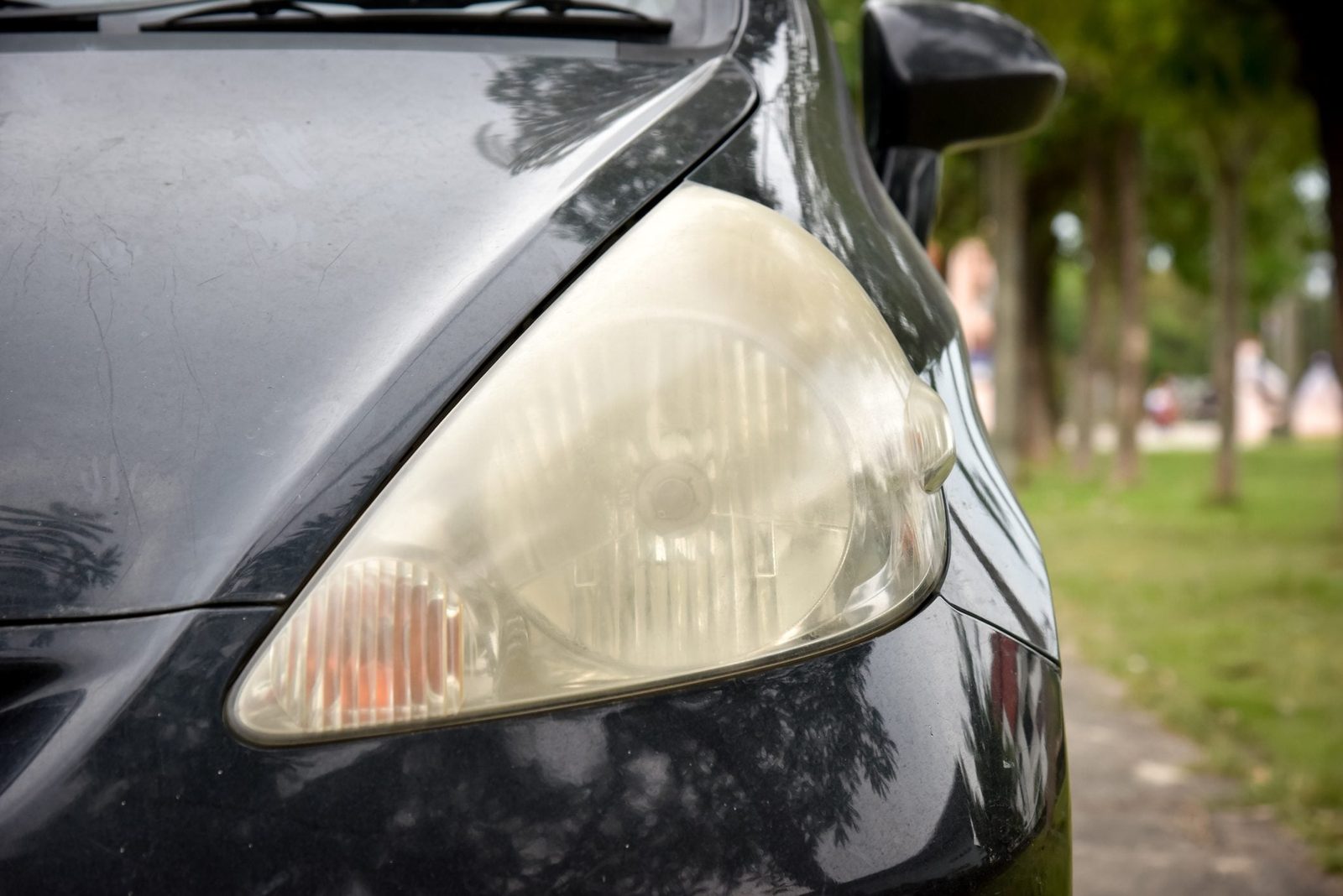 A car's headlight is dirty and discolored, situated in a green, tree-lined area, likely in a park or recreational space.