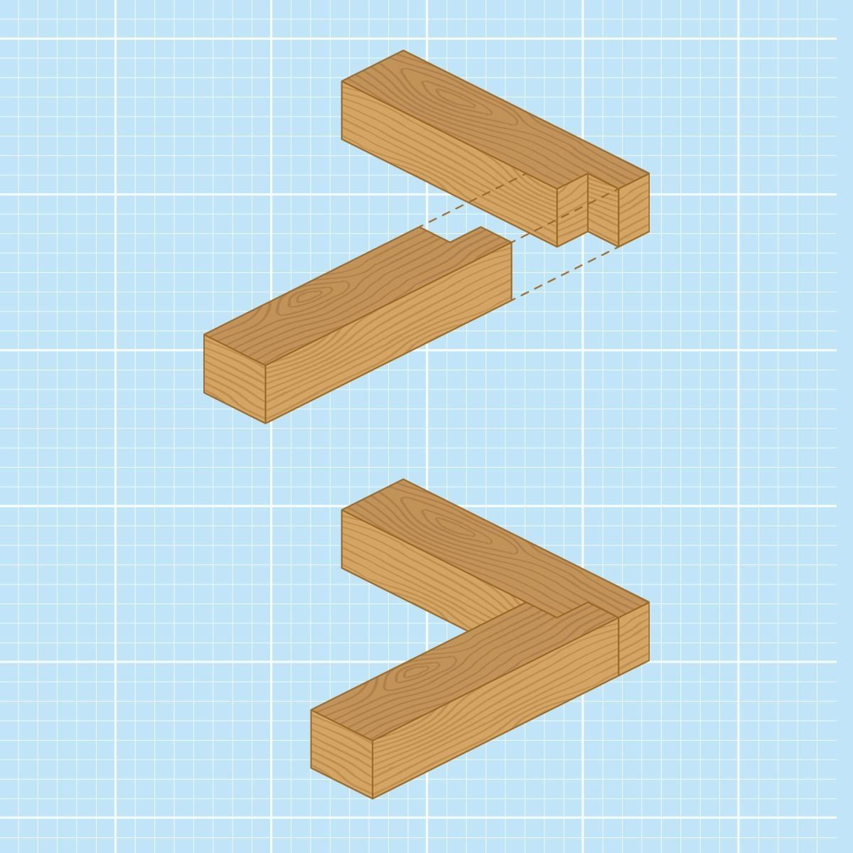 Two wooden beams are illustrated, aligning to form a joint. The background is a light blue grid, suggesting a design or construction context