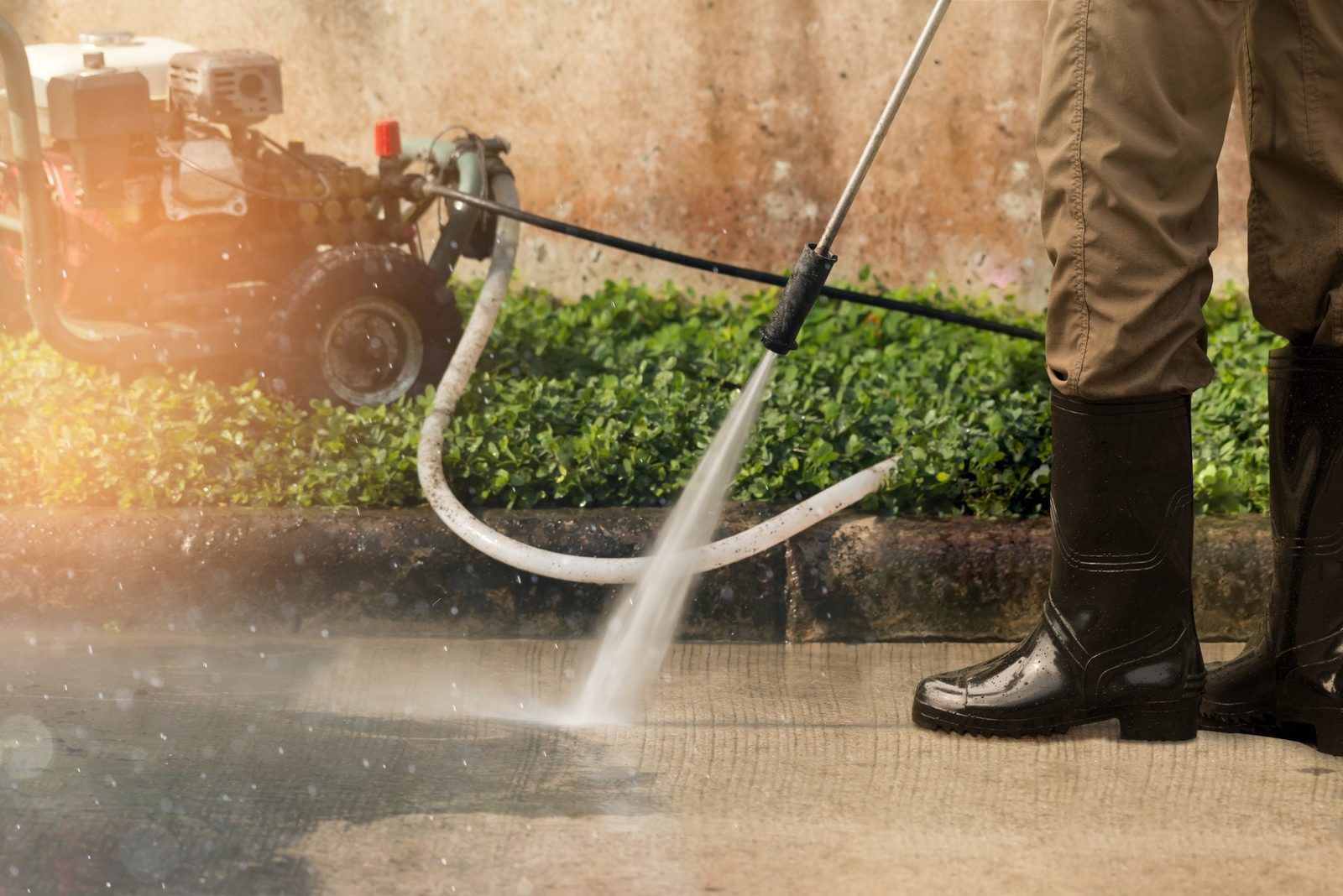 A person in rubber boots uses a pressure washer, spraying water onto a concrete surface, with greenery and a pressure washer machine in the