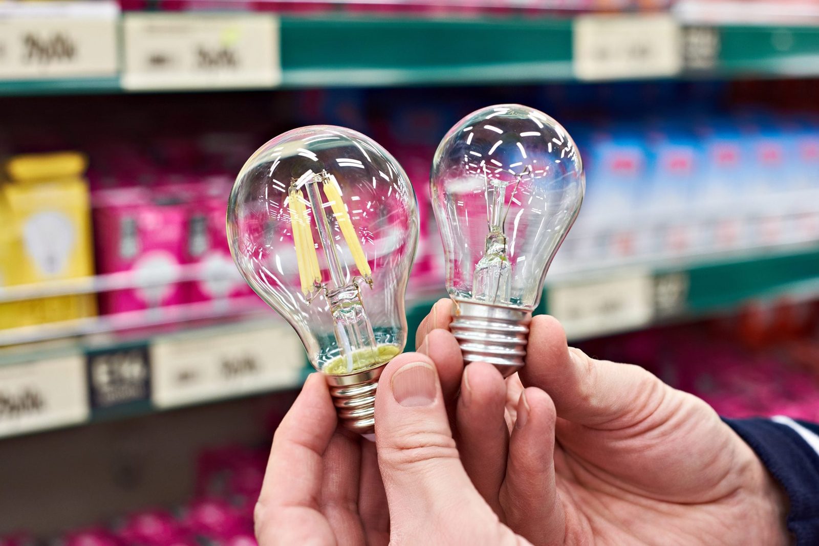 Two light bulbs are held up, showcasing their unique filament designs. They are in a store aisle, surrounded by colorful packaging in the ba