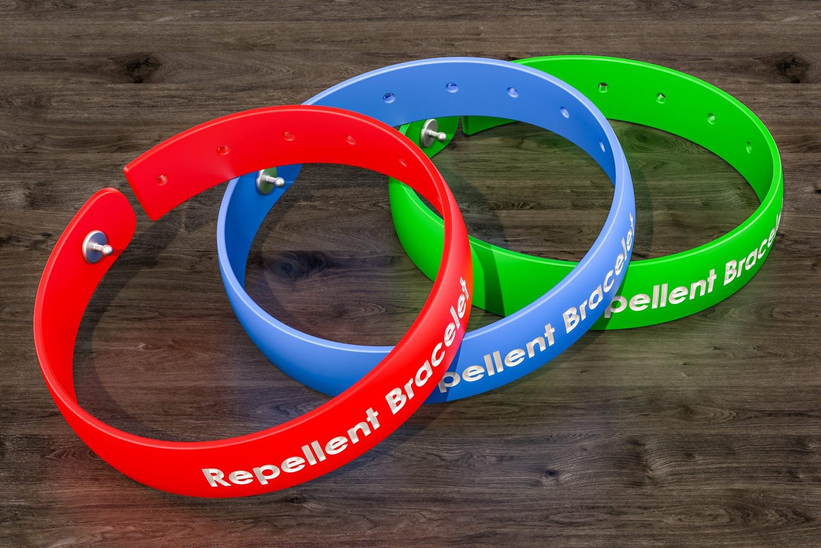 Three colorful bracelets (red, blue, green) labeled "Repellent Bracelet" lie on a wooden surface, showcasing their circular designs and adju