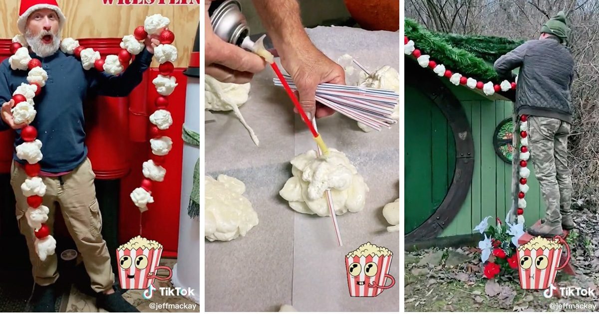 A person wears a Santa hat and poses with a festive garland, while others prepare decorations outdoors by attaching them to a small green st