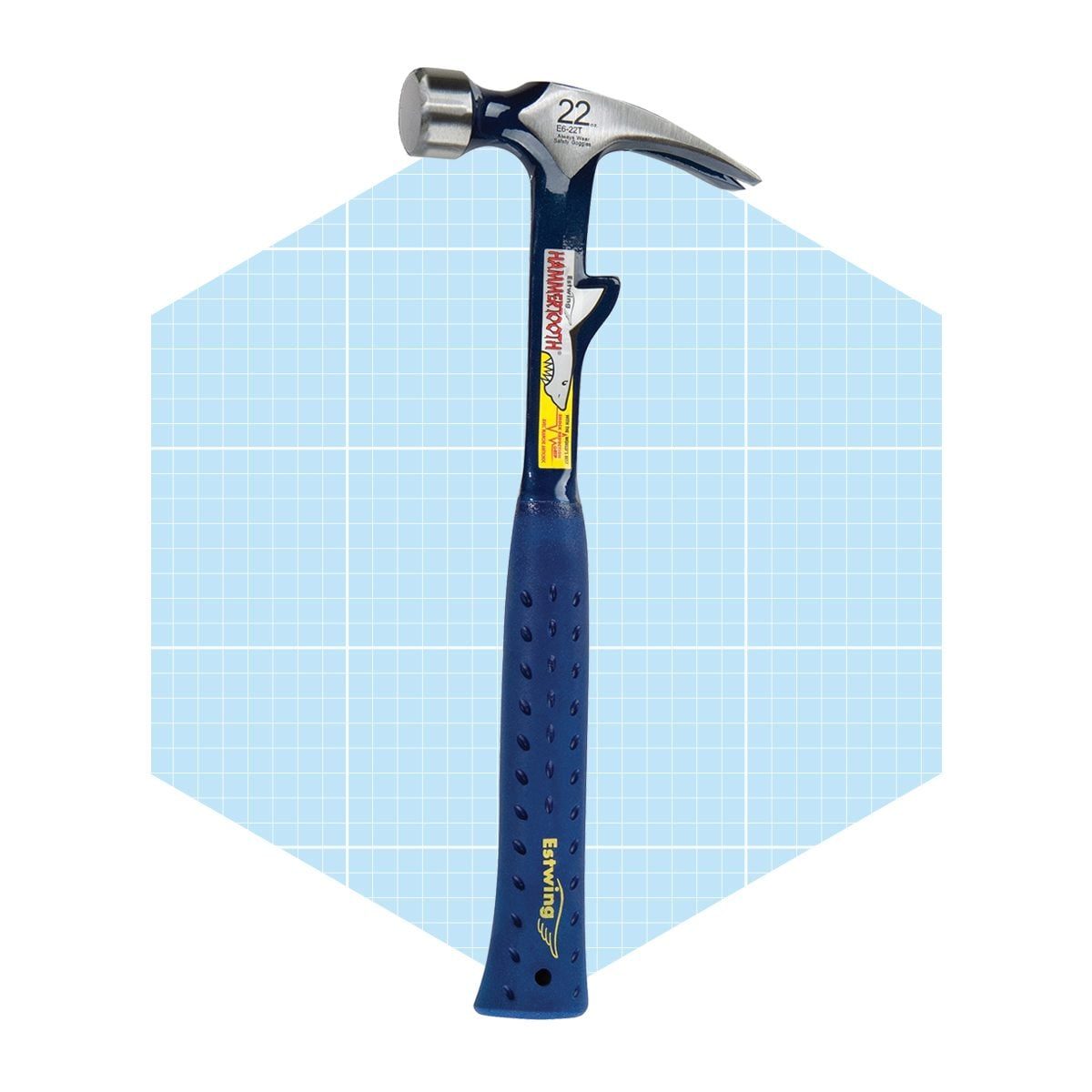 A blue-handled hammer stands upright against a light blue grid background, showcasing its metallic head and claw, typically used for driving