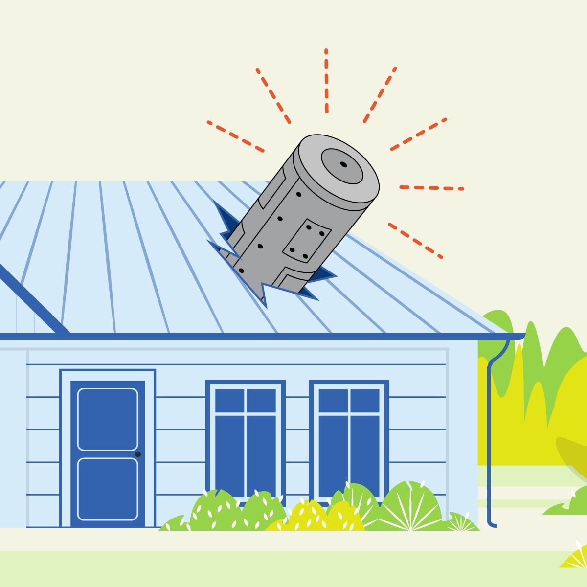 Graphic of space satellite part crashing into the roof of a house with alert lines around the crash.