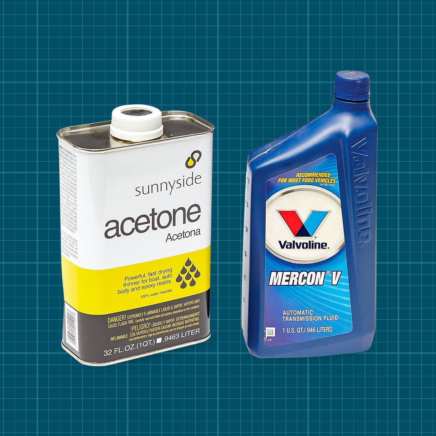 Sunnyside Acetone Acetona and Valvoline Transmission Fluid on a Blue Grid Background