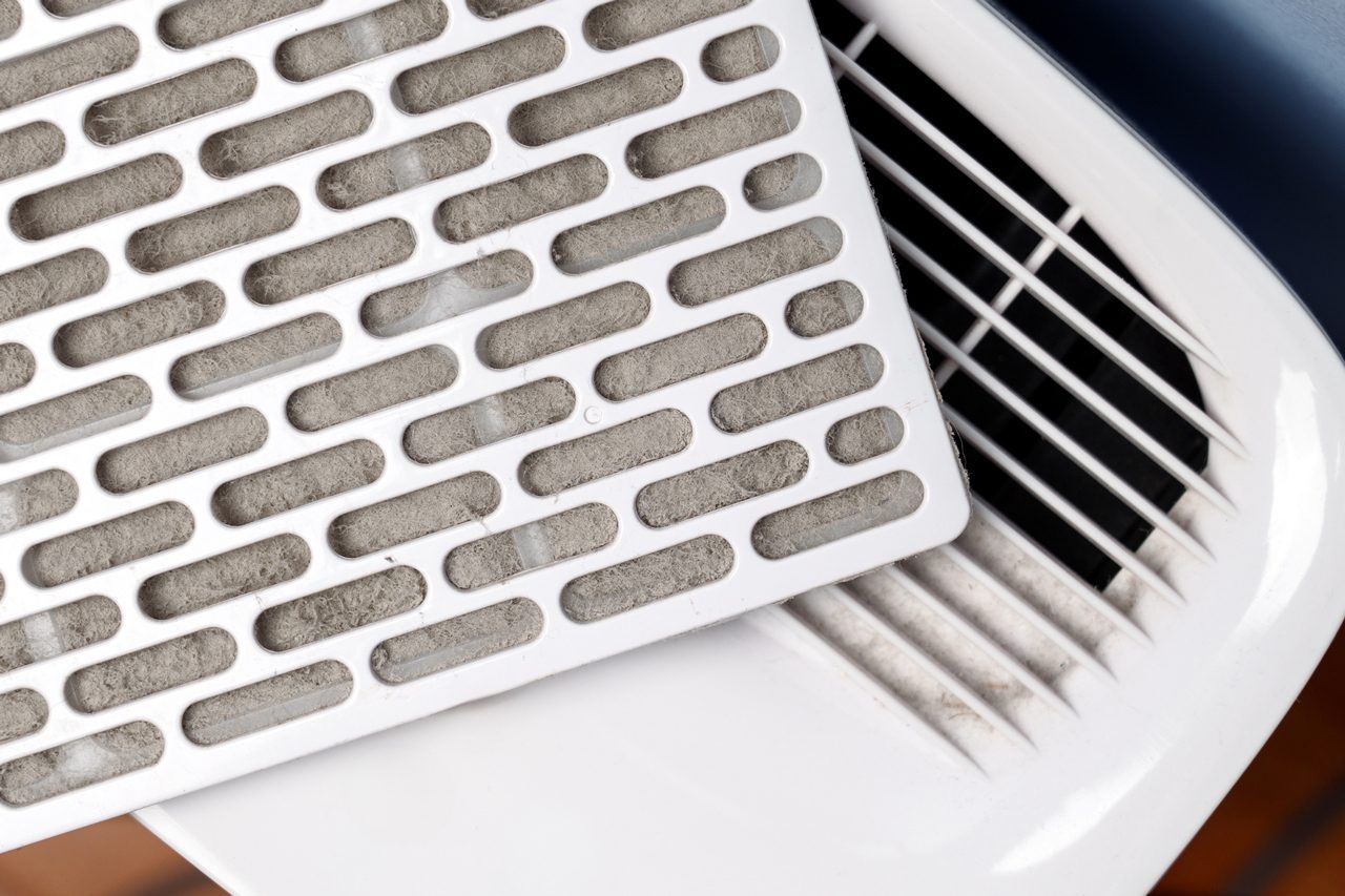 Dust clogged air filter cartridge on home dehumidifier panel