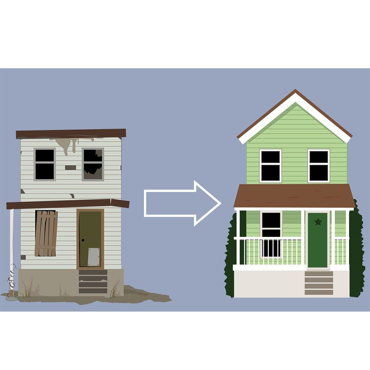 A run-down house on the left transforms into a renovated green house on the right, symbolizing restoration and improvement amid a plain back