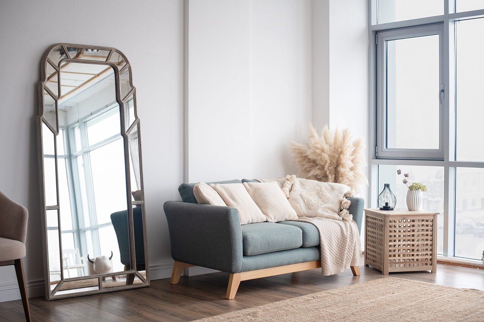 Stylish Scandinavian modern white cozy eco interior in minimalist style.Modern home decor. Open space