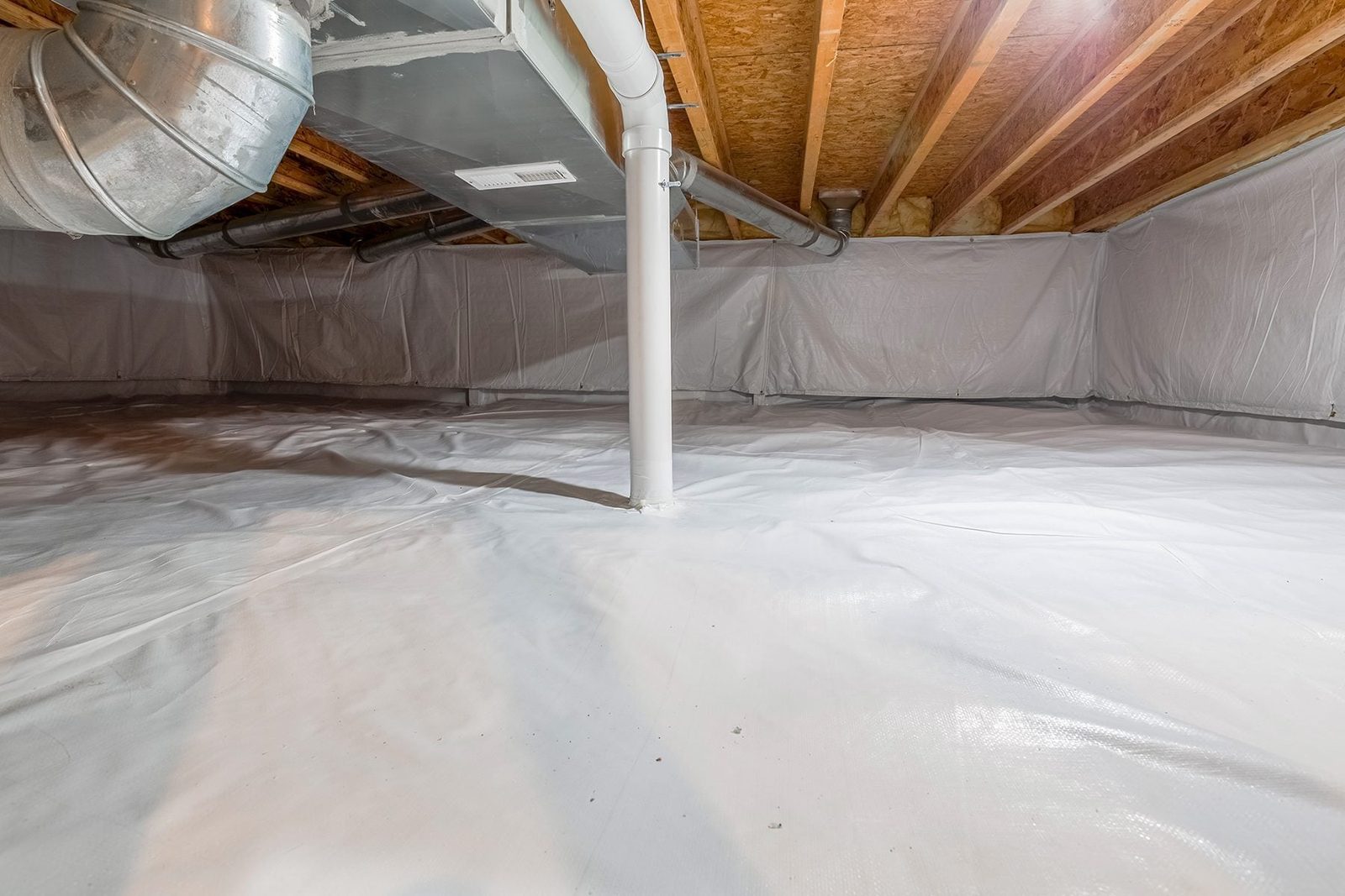 Crawl space fully encapsulated with thermoregulatory blankets