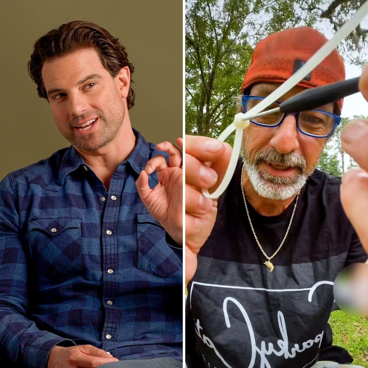 Side by side images of scott having conversation with someone (Left) and a man showing how to reuse zip ties (Right)