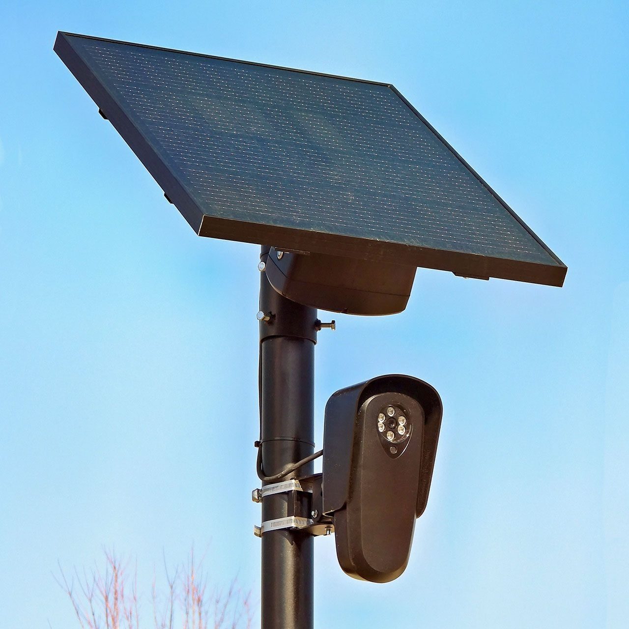 Solar powered security camera watching the community
