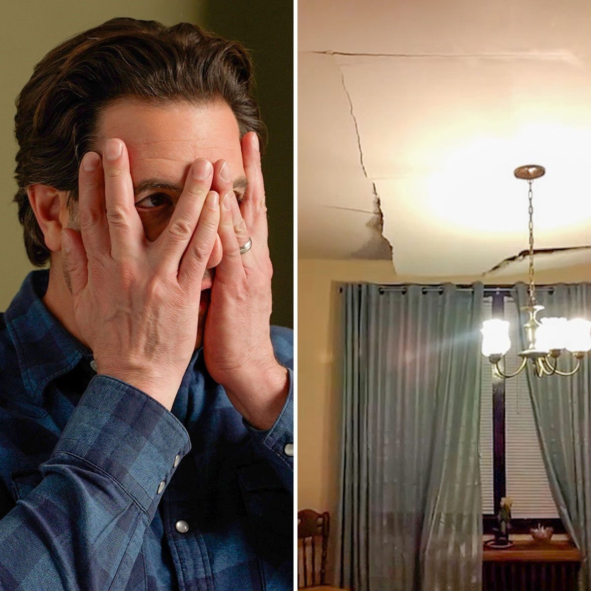 Side by side images of scott having hands on the face (Left) and a broken ceiling on roof in the house (Right)