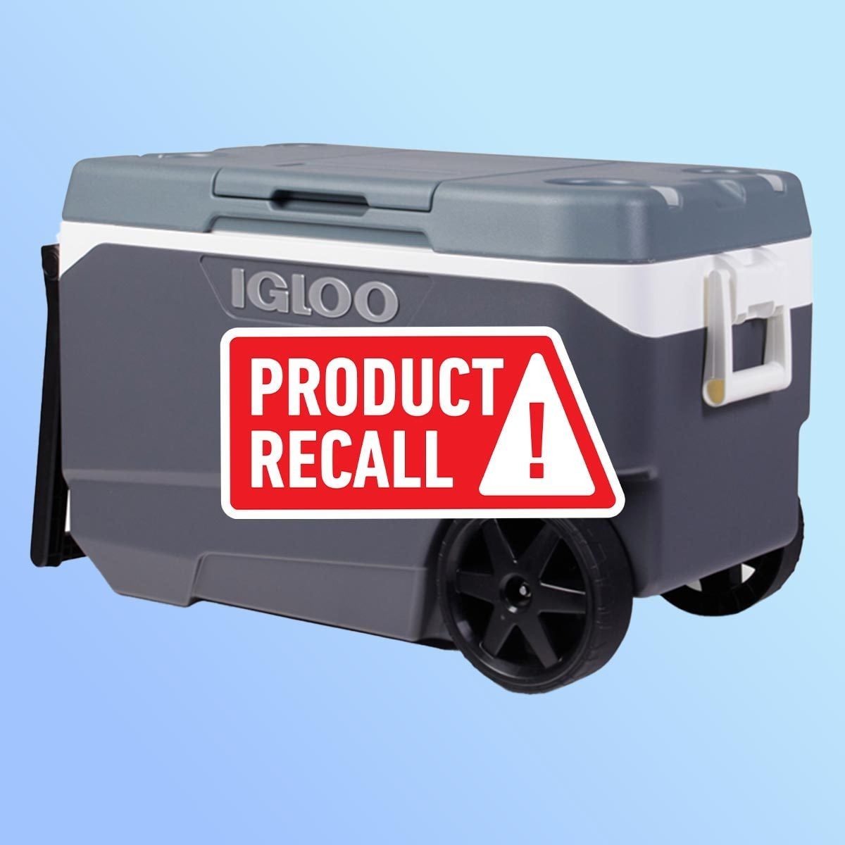Gray Igloo cooler on a blue background with a red "product recall" sticker overlaid