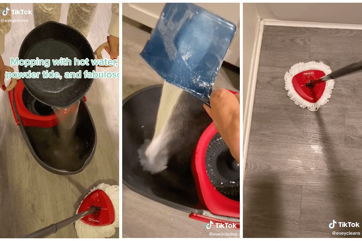 A mop is being filled with hot water and cleaning powder while mopping a floor in a domestic setting.