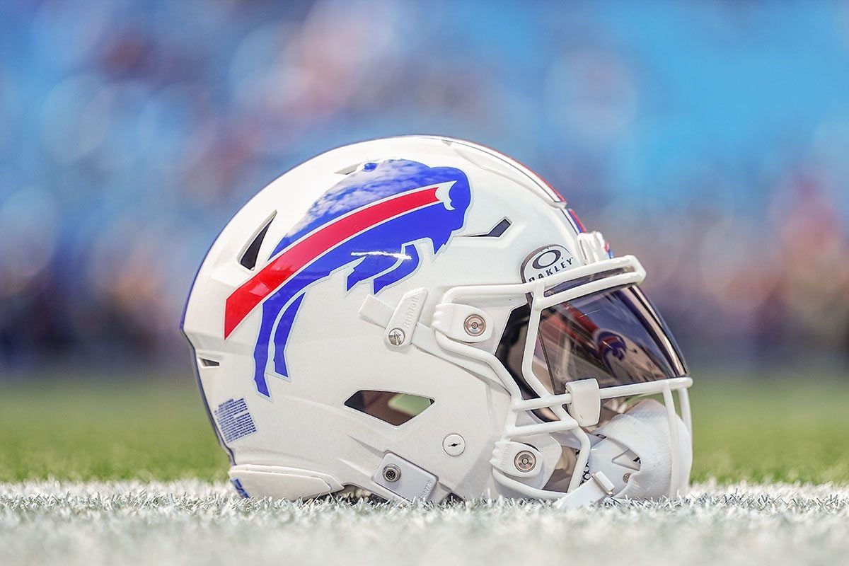 A Buffalo Bills helmet sits on the sideline prior to a game against the Carolina Panthers at Bank of America Stadium