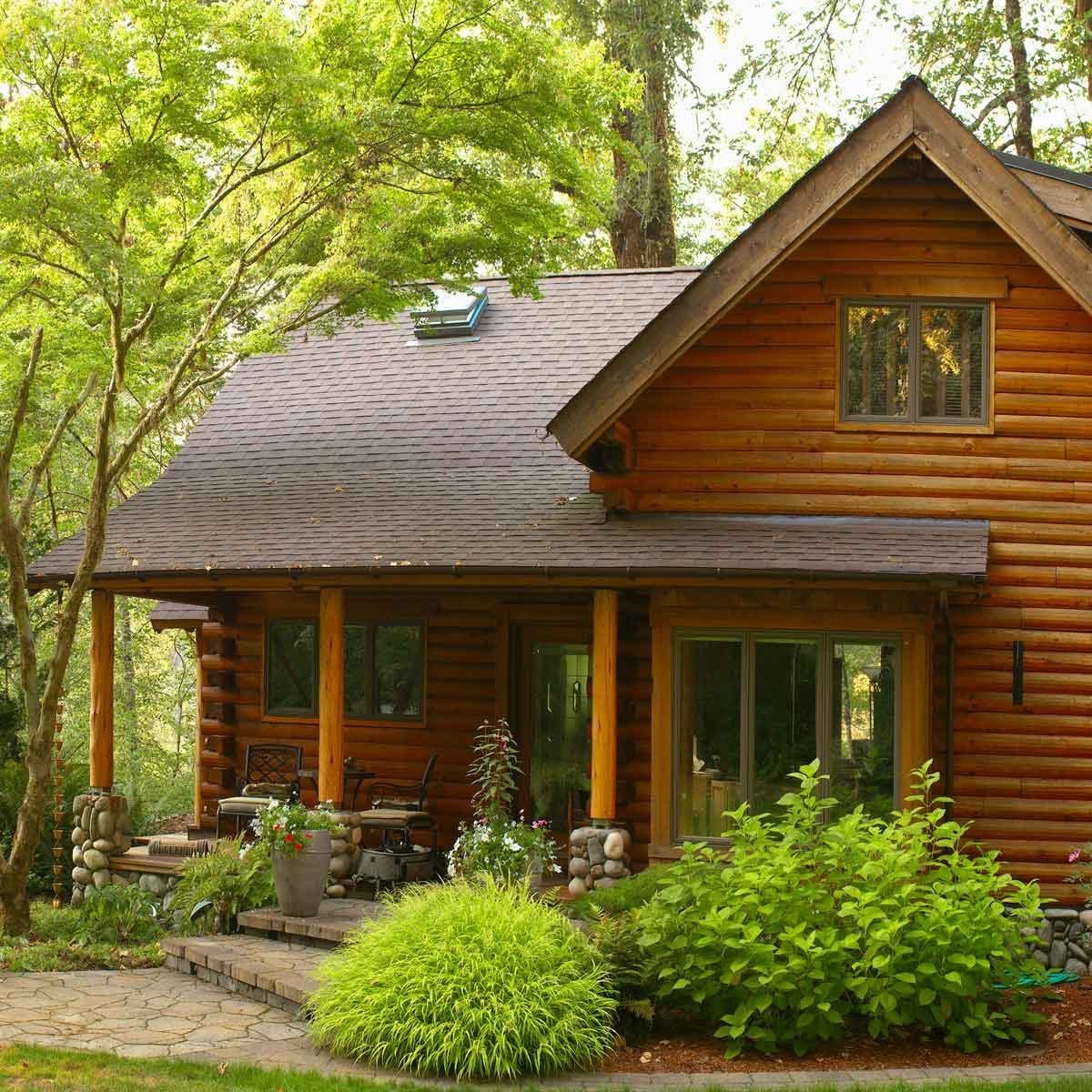 A log cabin stands amidst lush greenery, with a welcoming porch and vibrant plants, surrounded by tall trees in a serene, natural setting.