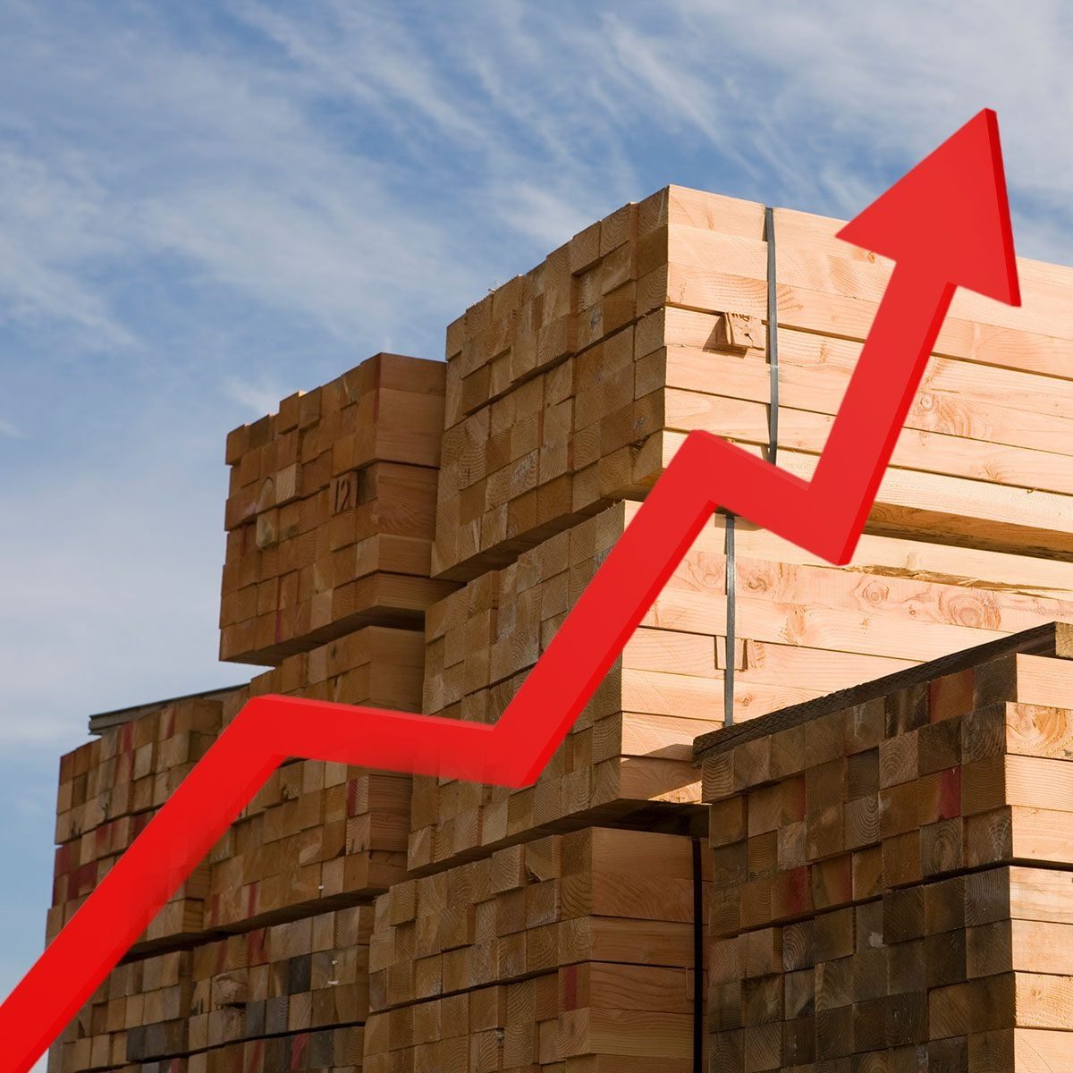 Stacks of lumber with a red, upward trending arrow overlaid