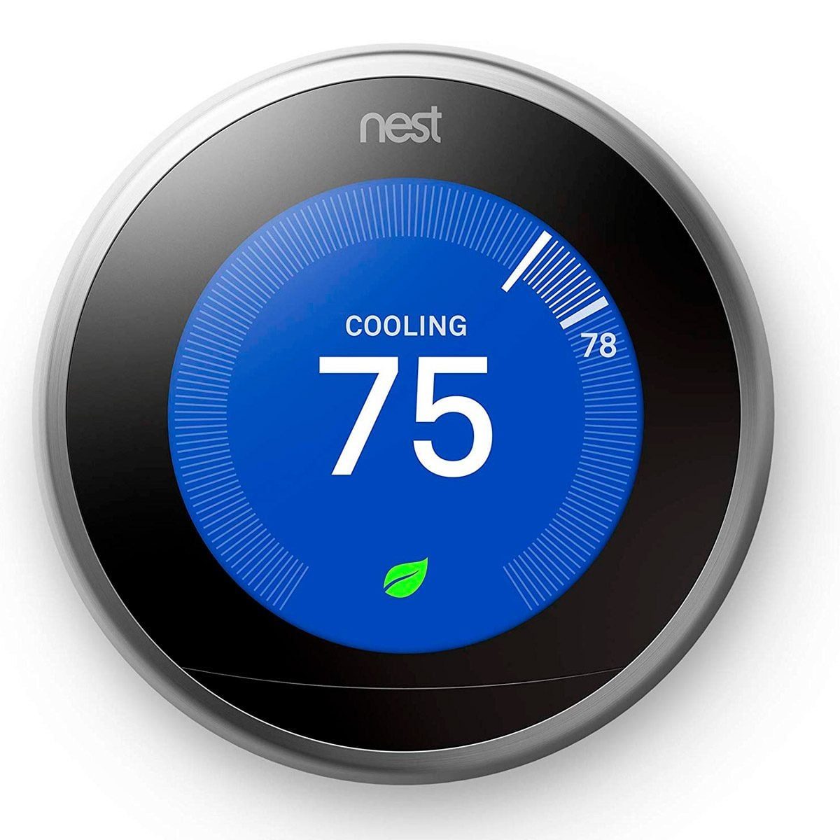 A circular thermostat displays a blue screen showing "COOLING" with a temperature set at 75°F, surrounded by a sleek, metallic frame.