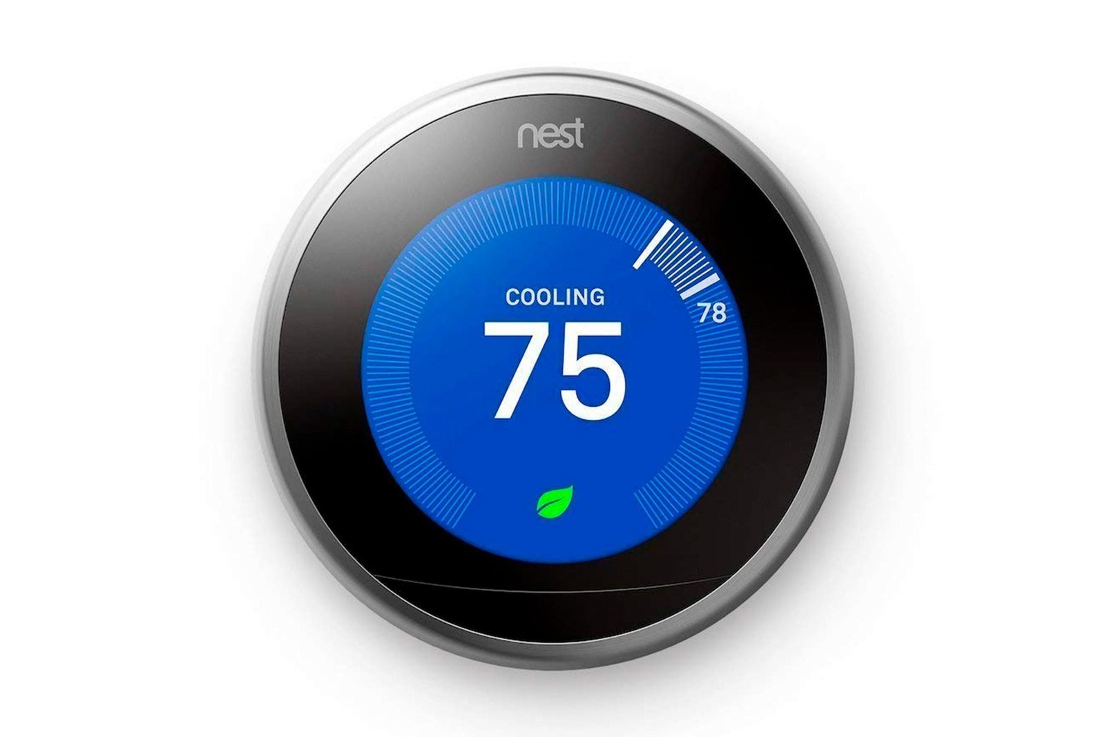 A round thermostat displays a blue background, indicating cooling mode at 75 degrees Fahrenheit, with a leaf symbol at the bottom and a maxi