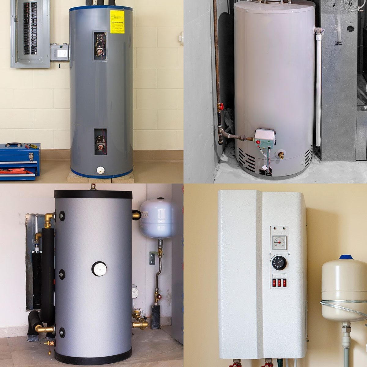 Four water heaters are positioned in various indoor settings, showcasing different sizes and designs, each connected to pipes and valves for