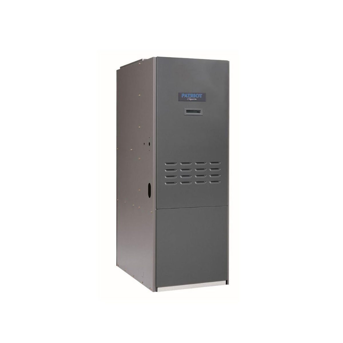 A gray, rectangular storage unit stands upright, featuring vents and a slot for access. It is isolated against a light background.