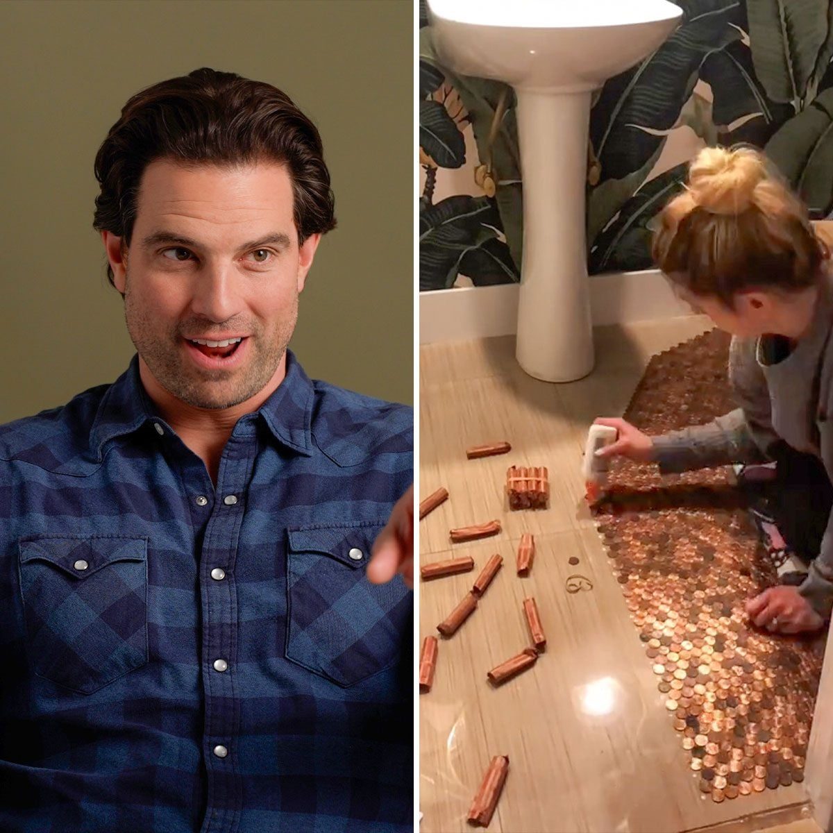 Side by side images of scott (Left) and a person flooring with actual pennies (Right)
