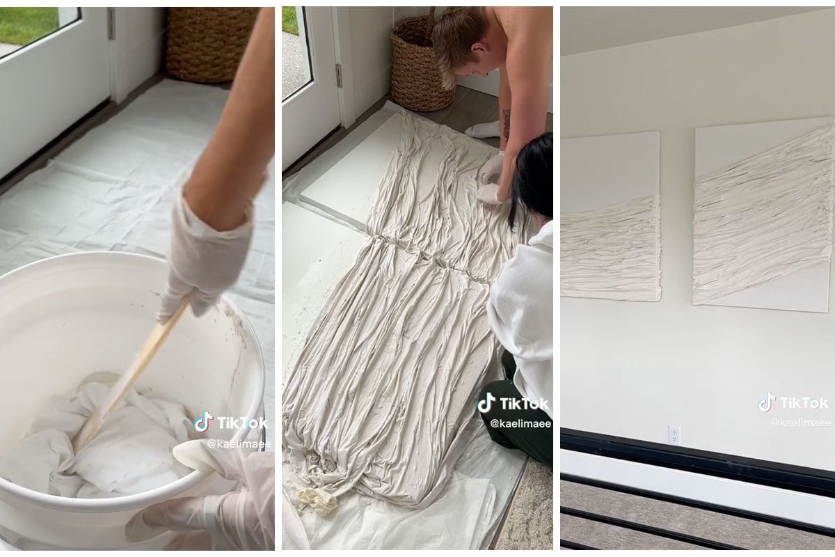 A person mixes white material in a bucket, while another shapes it onto canvas, creating textured abstract art in a well-lit room.