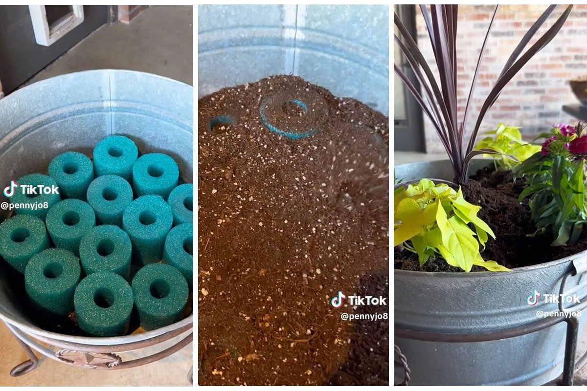 A metal container holds turquoise foam pieces, soil is added, and colorful plants are arranged, creating an attractive indoor planter setup.
