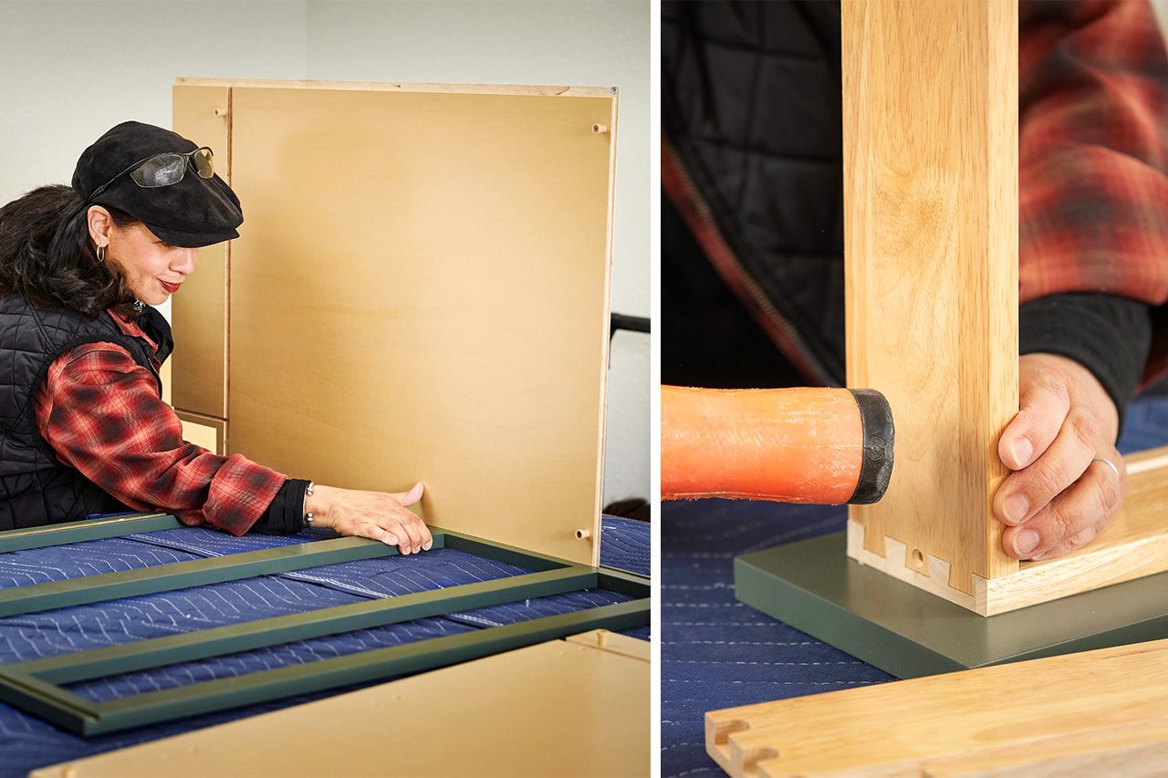 A person assembles wooden furniture, aligning panels on a table in one image and using a rubber mallet to secure a joint in the other.