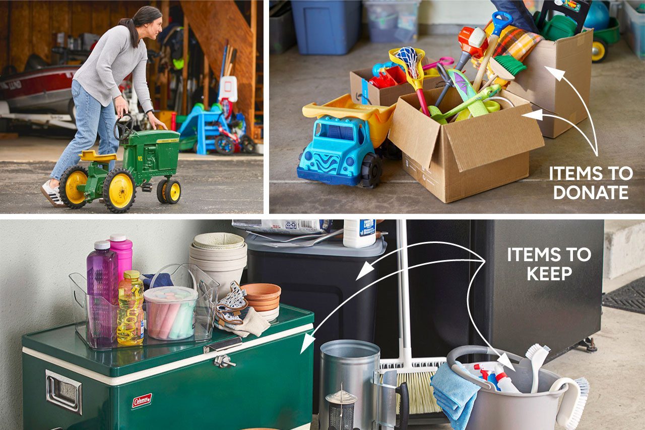 A woman pushes a toy tractor. A box of kids’ toys is labeled “items to donate”; a cooler with household items is labeled “items to keep.”.