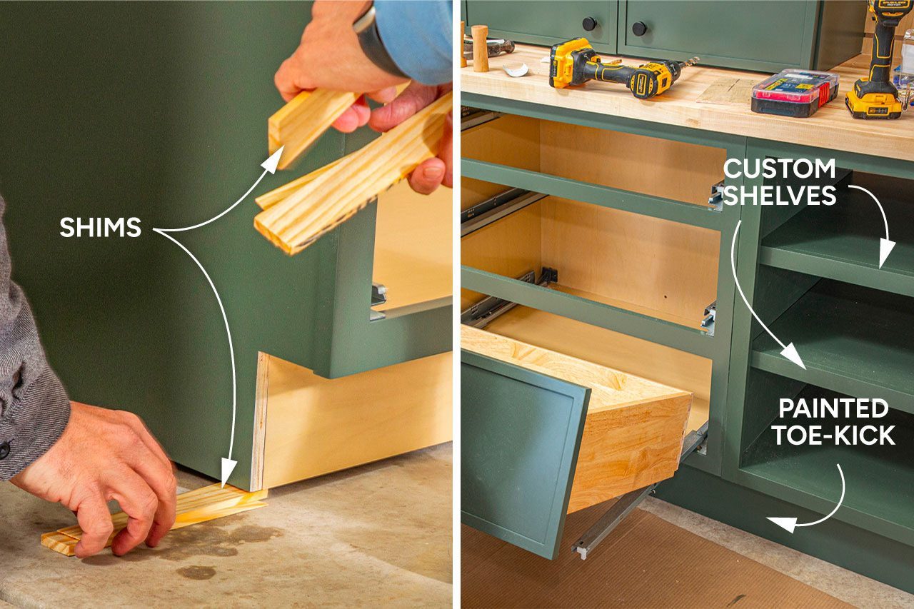 A person places shims under a cabinet near a painted toe-kick, while tools and custom shelves are visible on and in the cabinet. Labels point to shims, custom shelves, and the