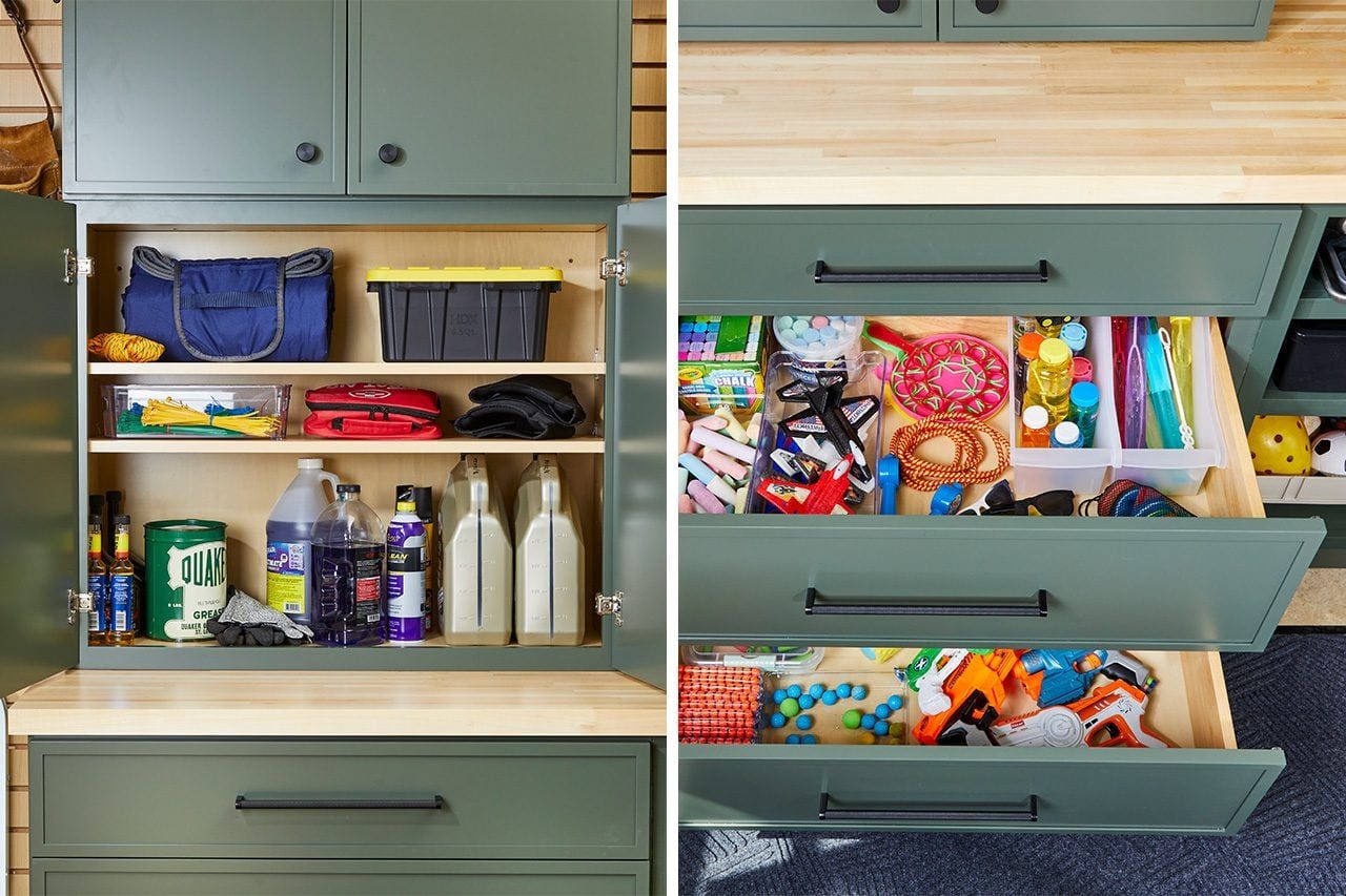 Green storage cabinets with open drawers and doors showing organized items, including bags, bottles, spray cans, tools, and colorful supplies neatly arranged on shelves and in