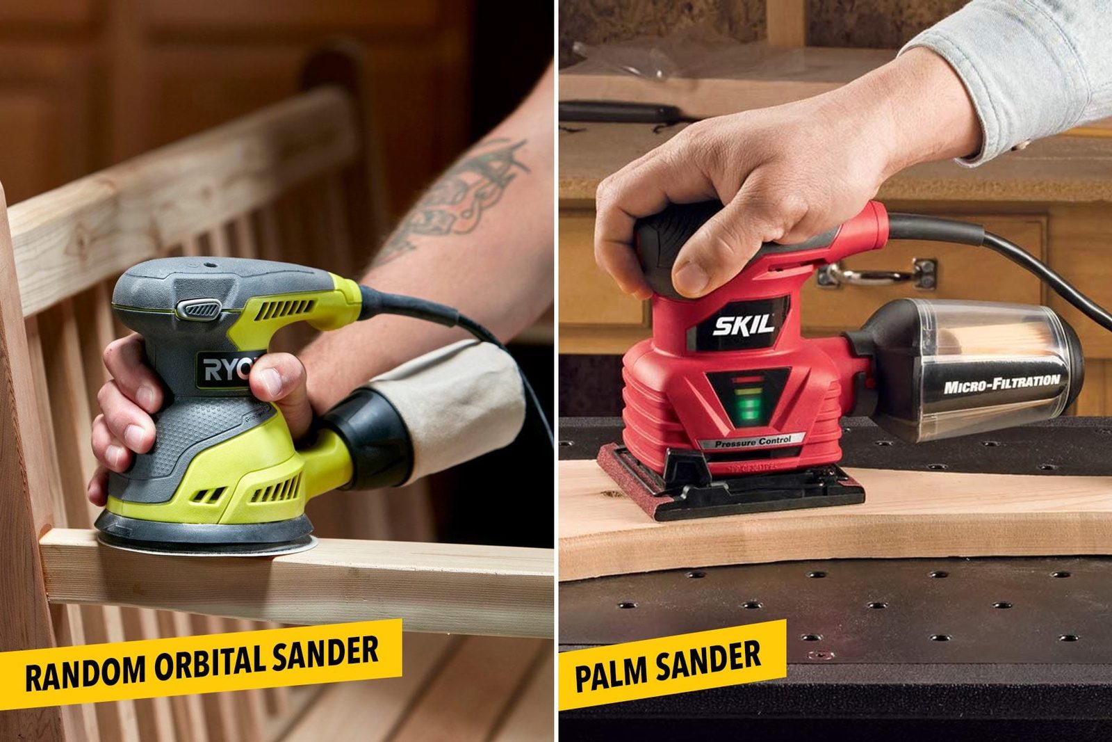 Two sanders are being operated. One is an orbital sander on wood, while the other is a palm sander on a different wood surface.