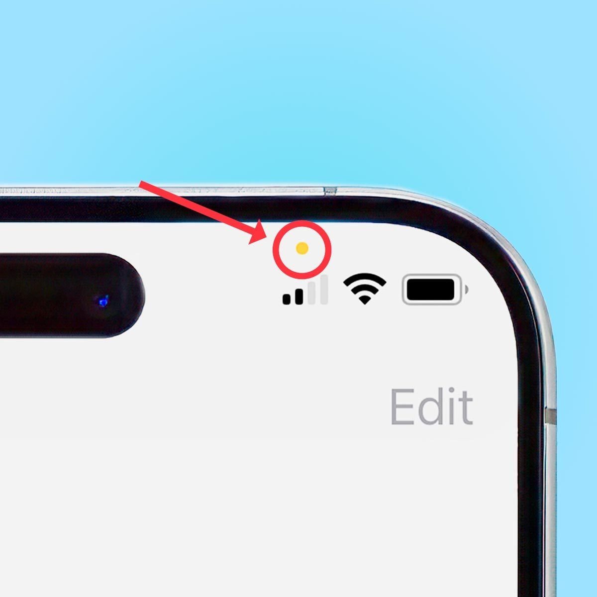 Top right corner of iPhone with the cellular bars, wifi, and battery icons, with an orange dot circled and an arrow pointing to it above the
