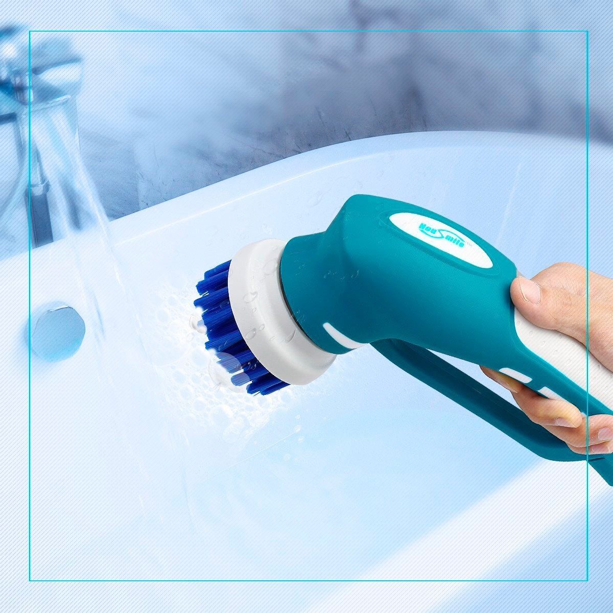 A hand holds a blue cleaning brush, scrubbing a bathtub surface while water flows nearby, emphasizing a cleaning task in a bathroom setting.