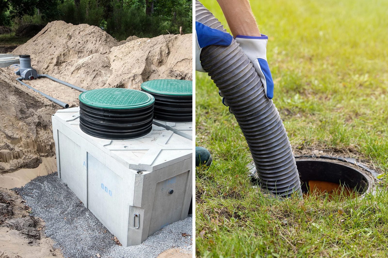 A concrete septic tank is partially buried, with green manhole covers. A gloved hand inserts a flexible black hose into a nearby ground open