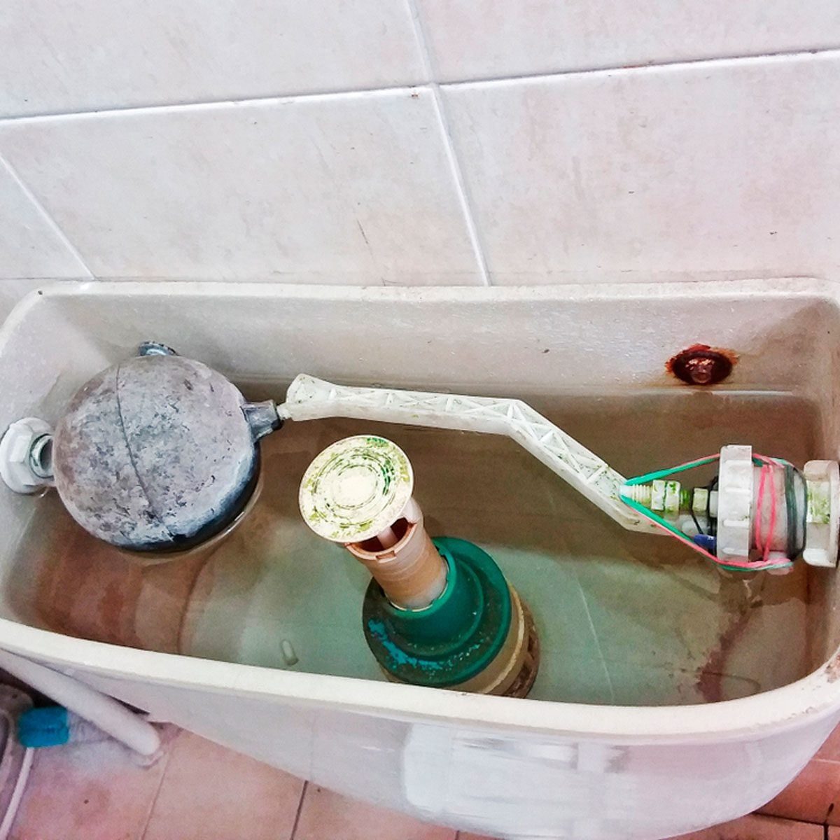 A toilet tank contains a float mechanism and a valve, both submerged in water, with visible dirt accumulation and rusted metal parts nearby.