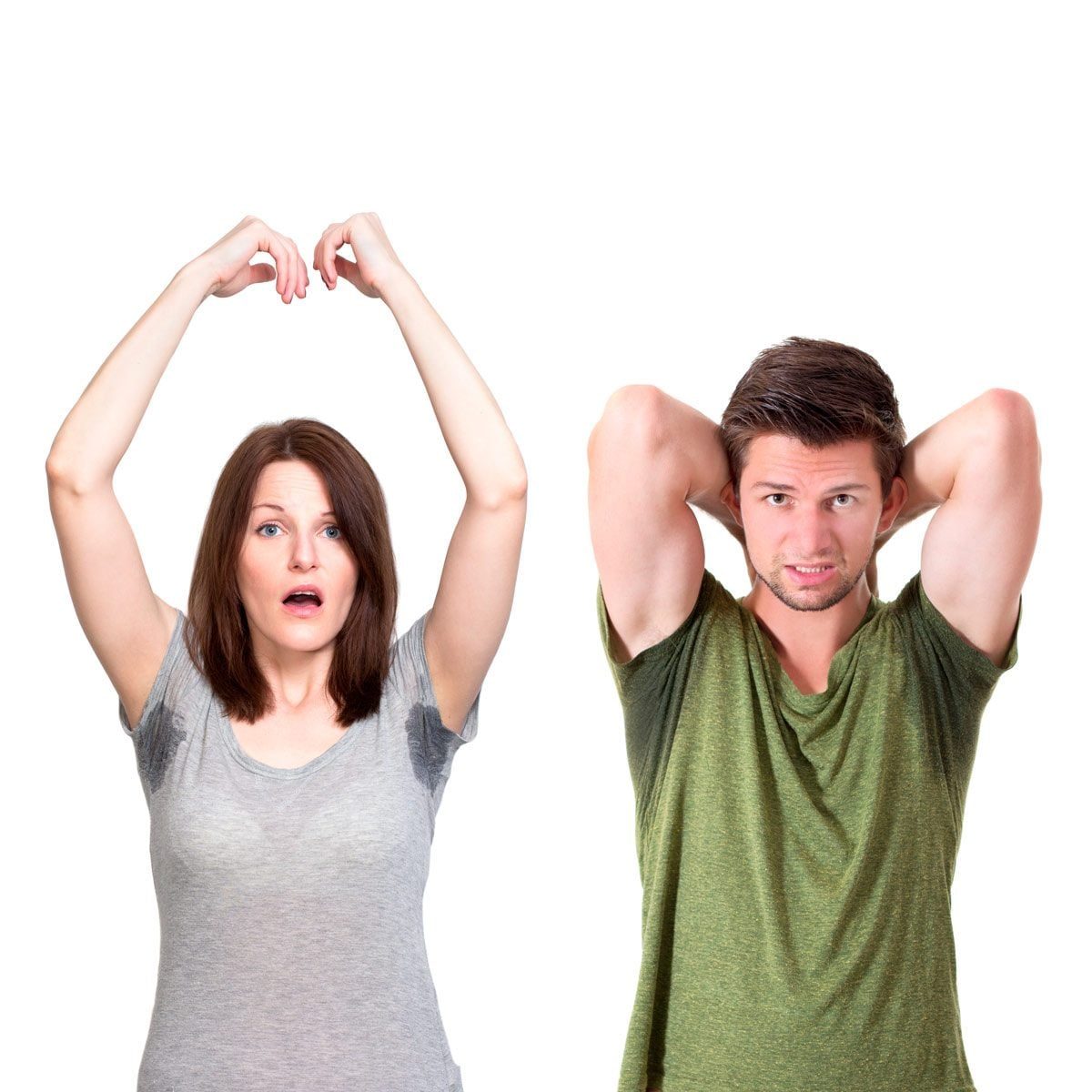 A woman raises her arms in surprise, while a man stands with his hands behind his head, appearing concerned, against a plain white backgroun