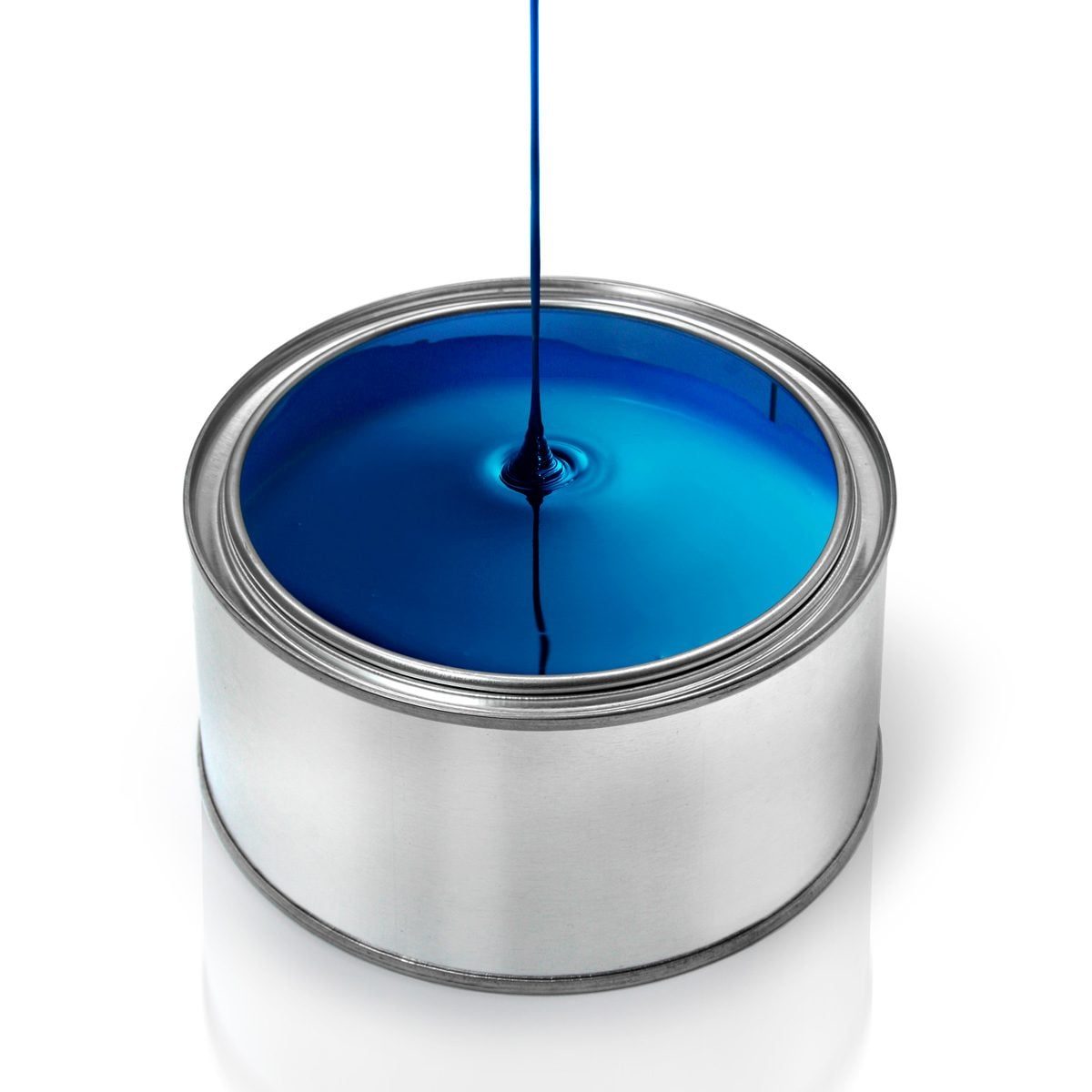 A metallic paint can displays a vibrant blue liquid pouring from above into its surface, set against a clean, white background.
