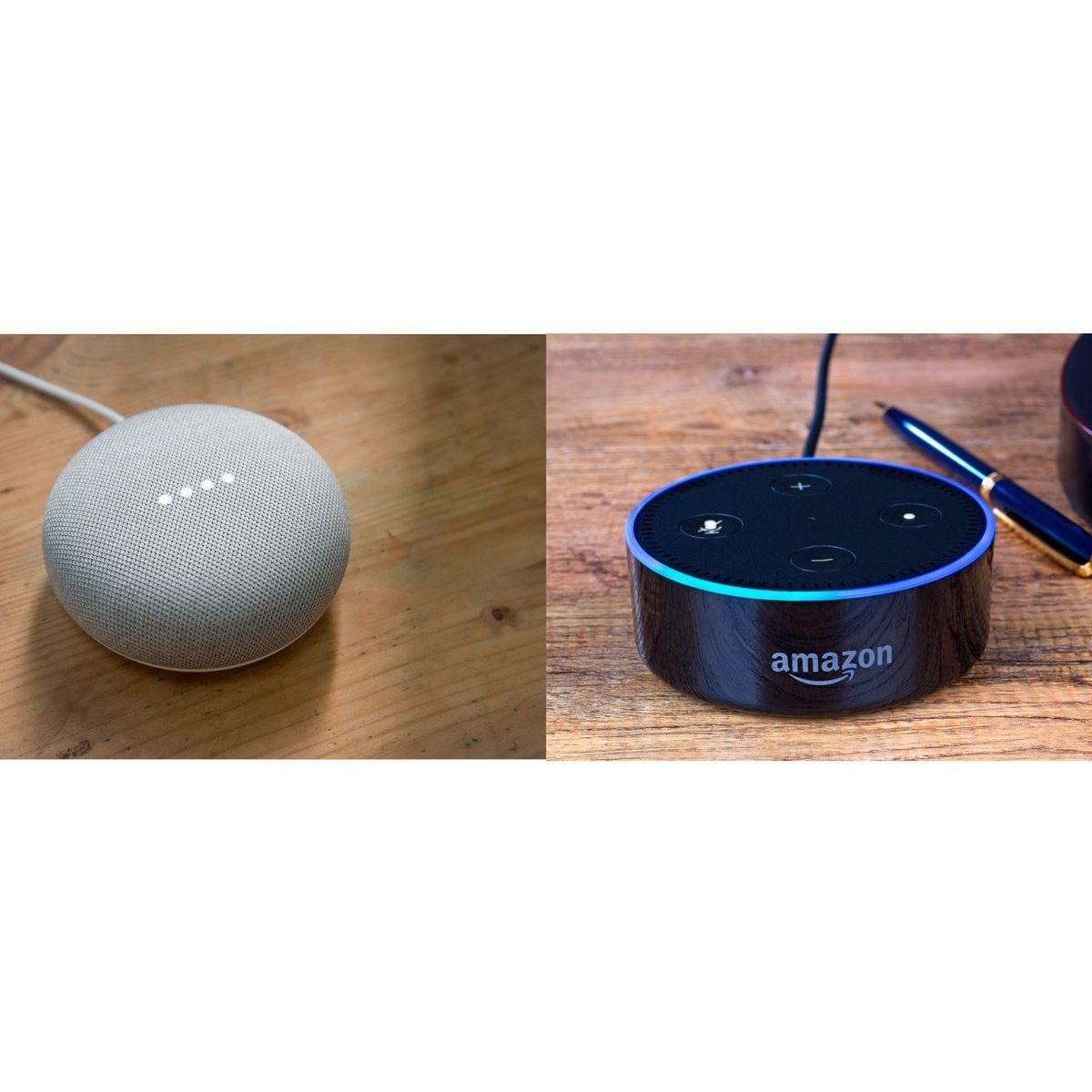 A smart speaker sits on a wooden surface, while another device, also a smart speaker, rests nearby. Both are plugged in and awaiting interac