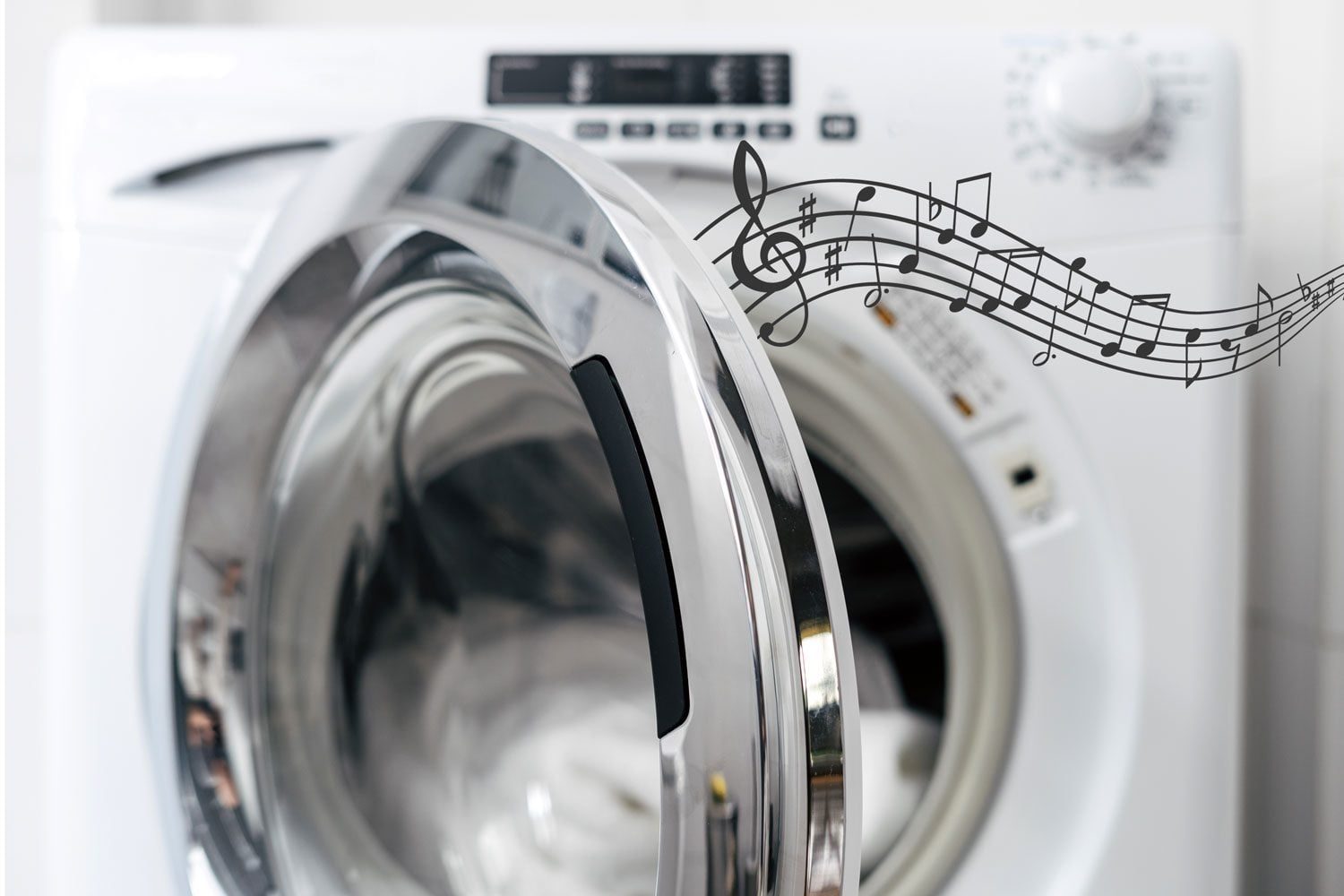 A washing machine door is open, with clothes inside, emitting musical notes, suggesting a lively or playful atmosphere in a laundry setting.