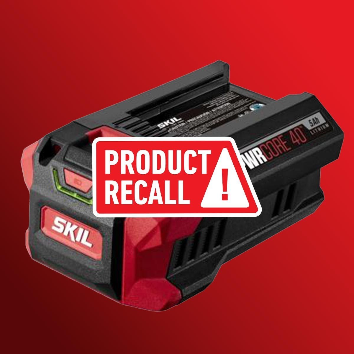 Skil Battery on a red background with a red "product recall" sticker on top