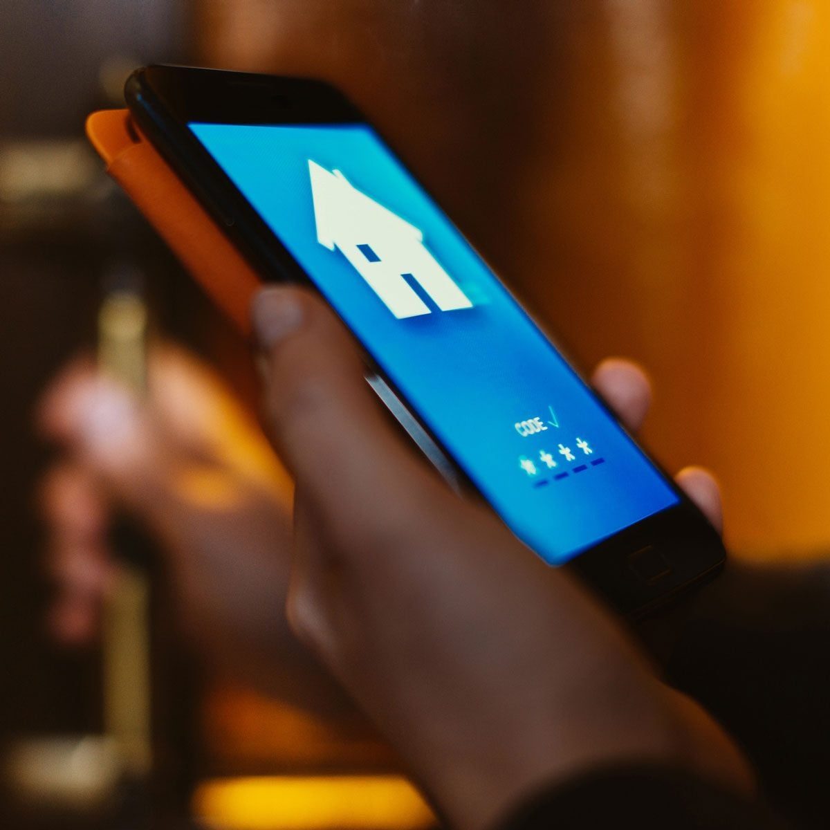 A hand holds a smartphone displaying a blue screen with a house icon. The background is blurred, hinting at an indoor setting.